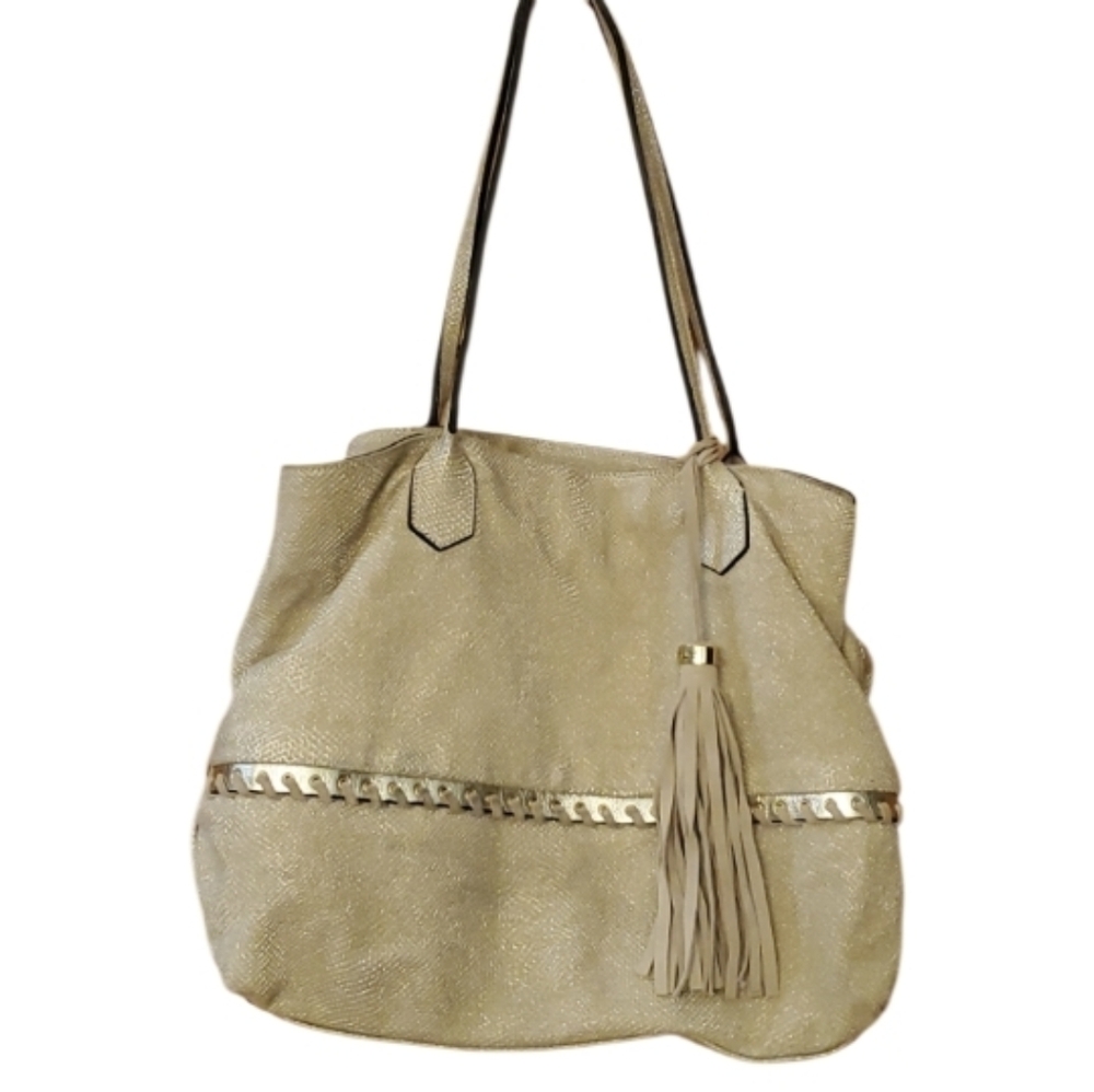 Innue Gold Italian Leather Shoulder‎ Tote Bag with Tassel